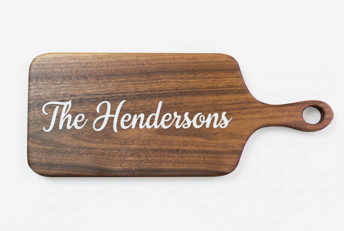 Single walnut board with matching script engraving & filled with white epoxy