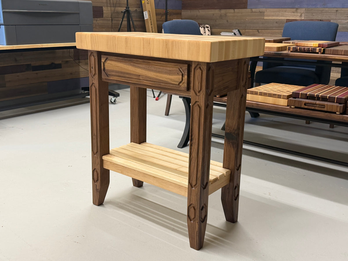 Alternate view of the small maple and walnut butcher block table