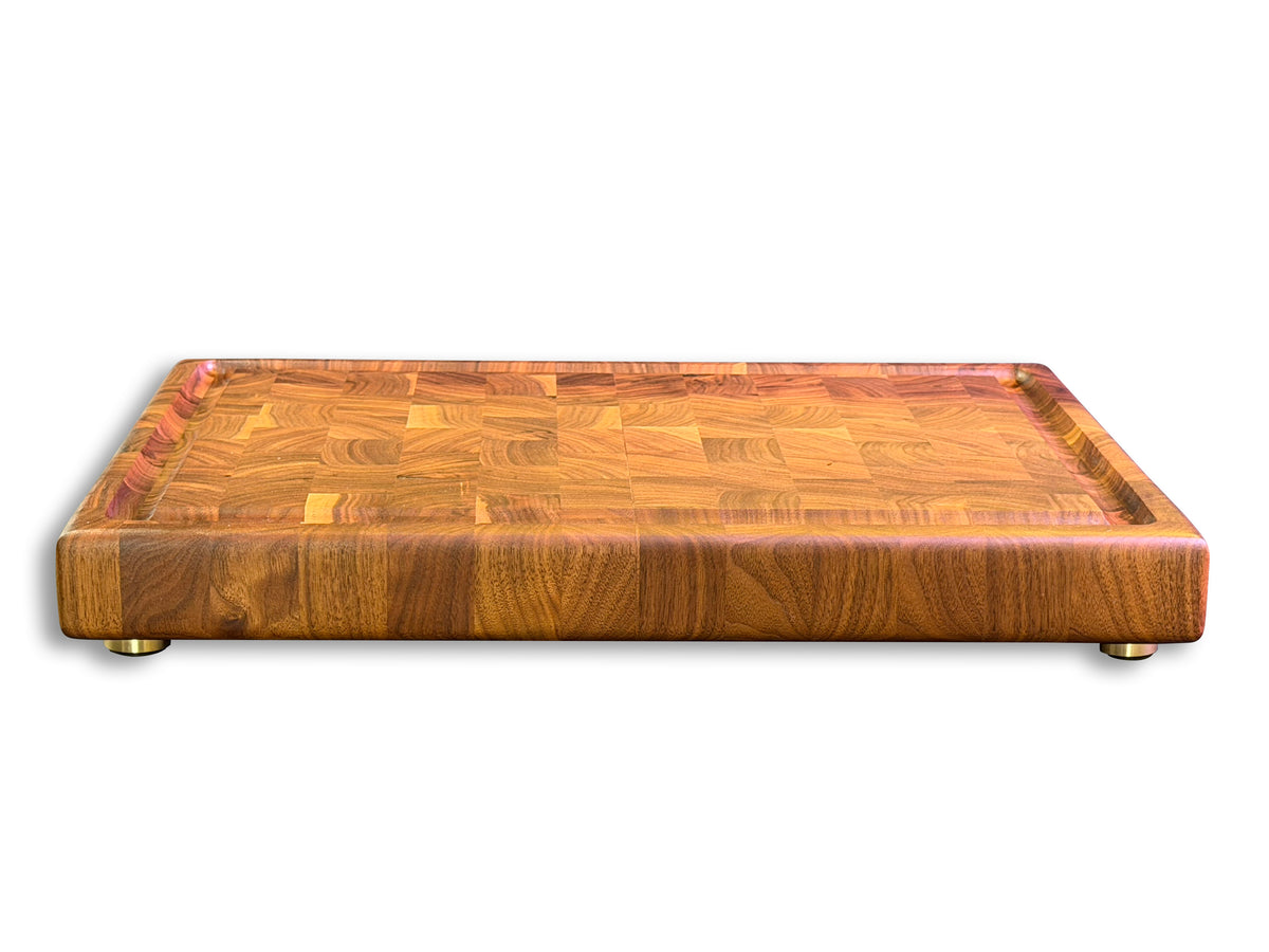 The Walnut Butcher Block — End Grain Prep Board with Juice Groove & Brass Feet