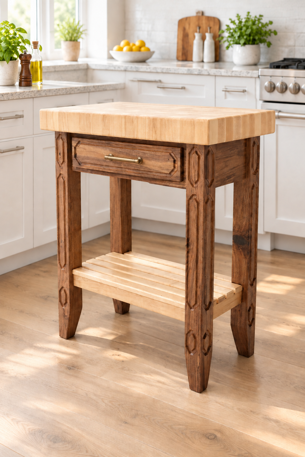 Alternate table view with antique-brass drawer pull