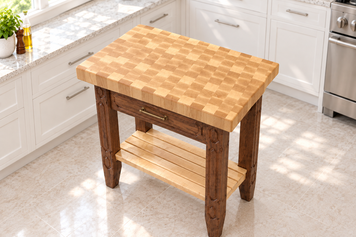 Angled overhead view of the maple butcher block table in the kitchen