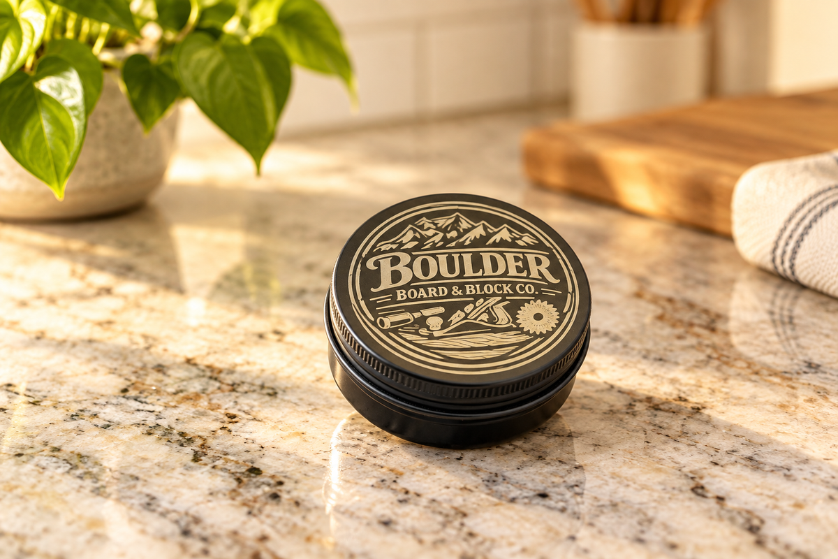 Boulder Board Butter Single Tin on Granite