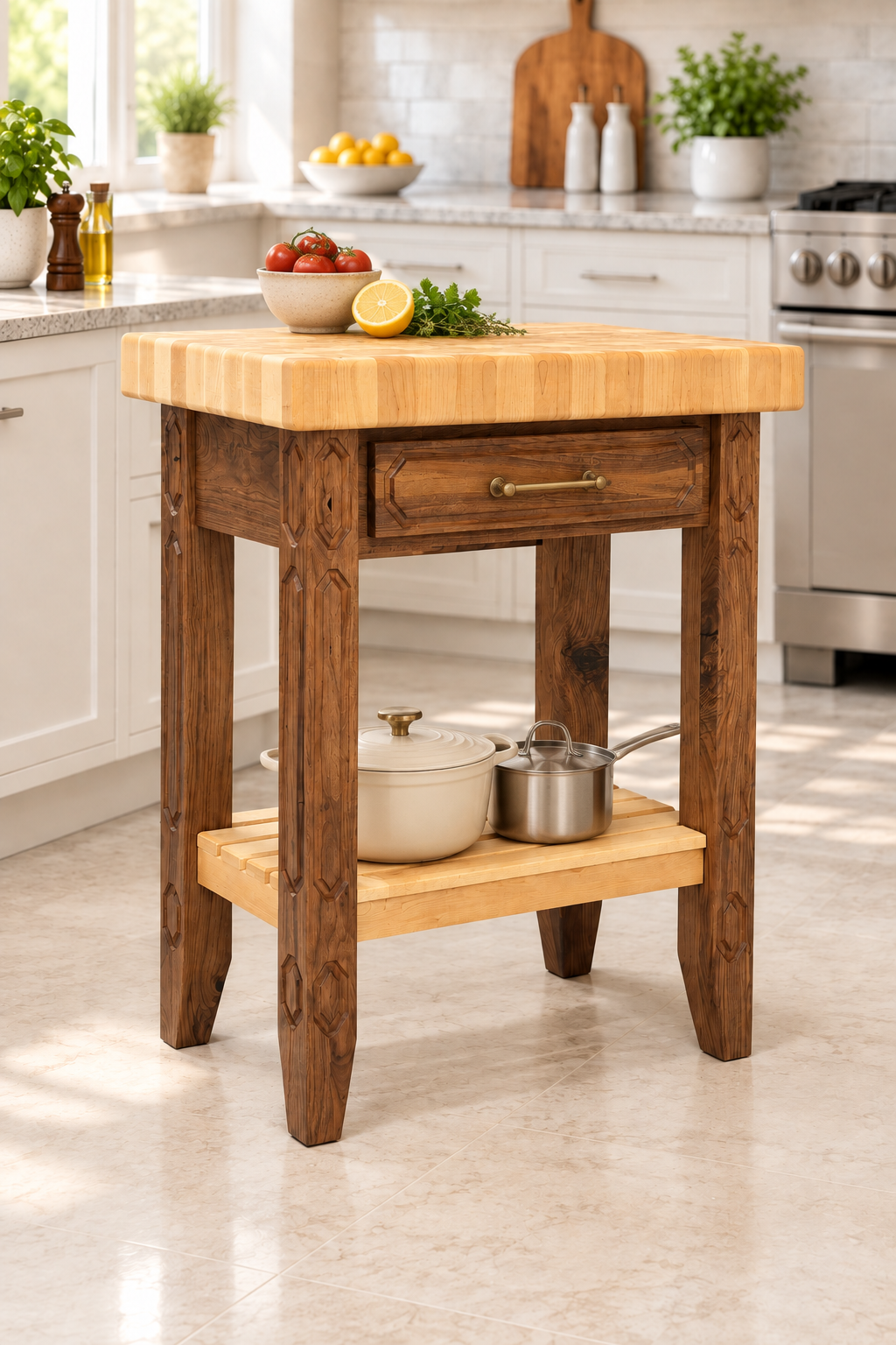 Butcher block table styled with cookware and food-prep accents