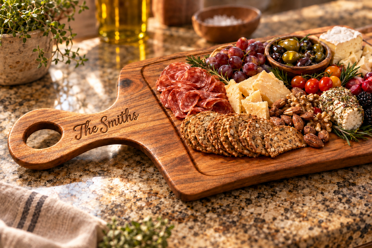 XL handcrafted wooden charcuterie board with 'The Smiths' elegantly CNC-carved into the handle in a refined script font