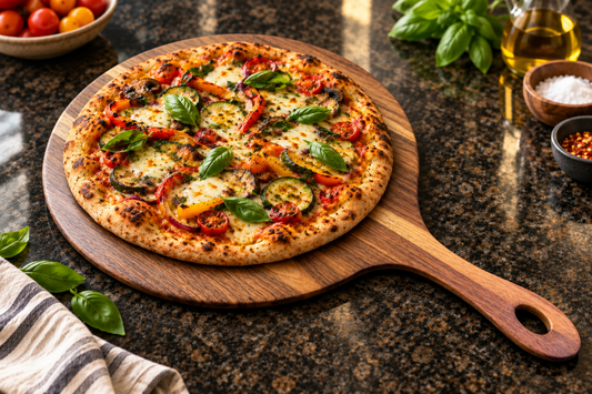 Handcrafted walnut pizza serving board with vegetarian pizza on granite countertop