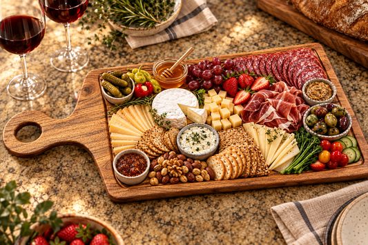 XL handcrafted wooden charcuterie board fully loaded with charcuterie arranged in engraved sections on a granite countertop