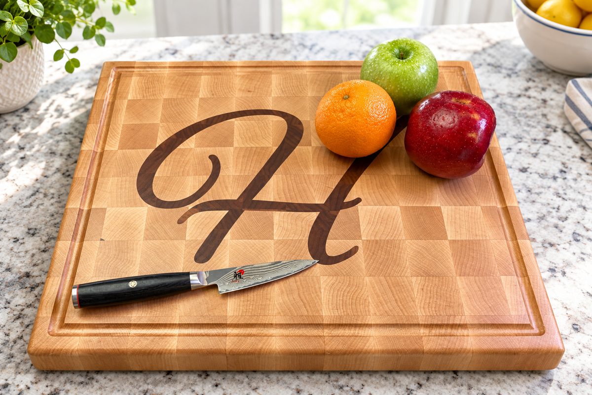 Maple Walnut Monogram Board with Contact Shadow