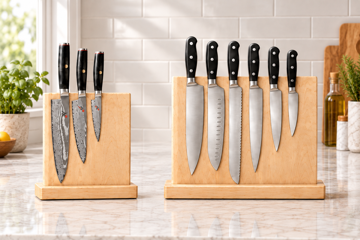 Medium and large freestanding maple magnetic knife holders