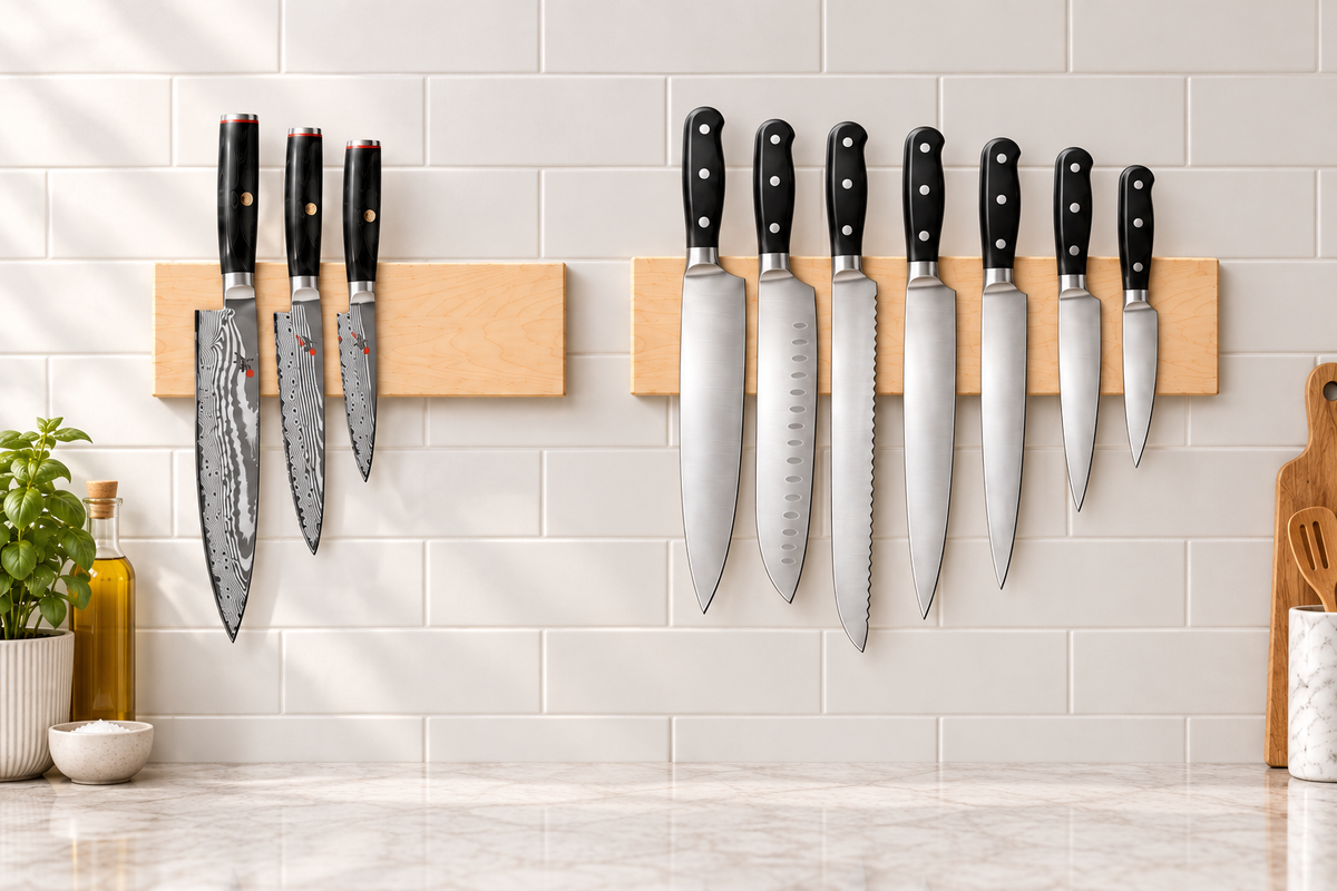 Medium and large wall-mounted maple magnetic knife holders