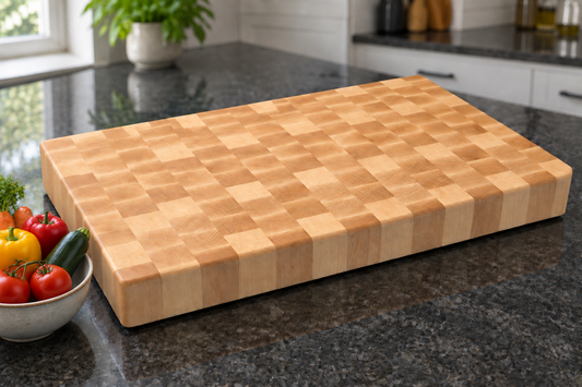 Retouched maple butcher block lifestyle shot preserving natural wood grain