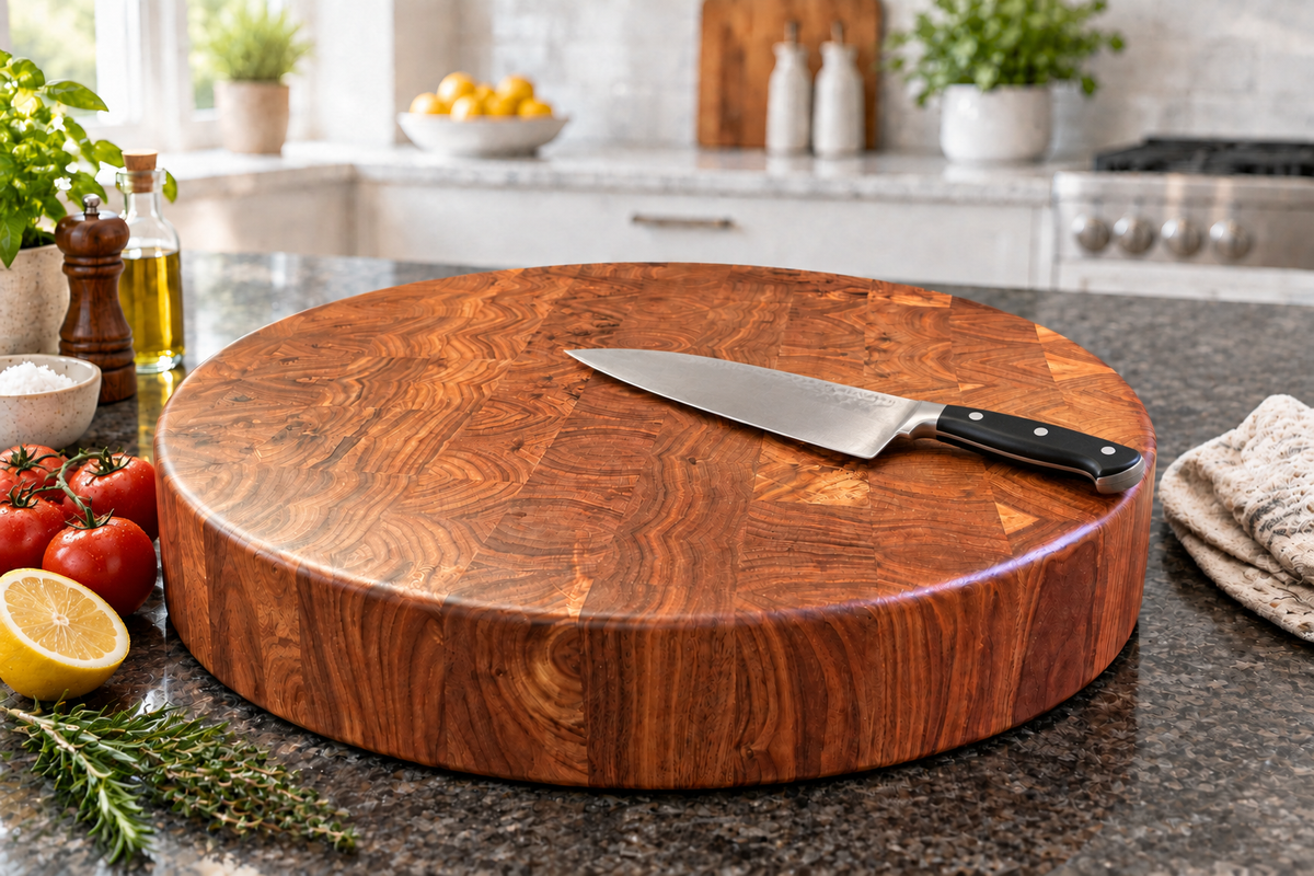 Round walnut butcher block with a chef’s knife on top