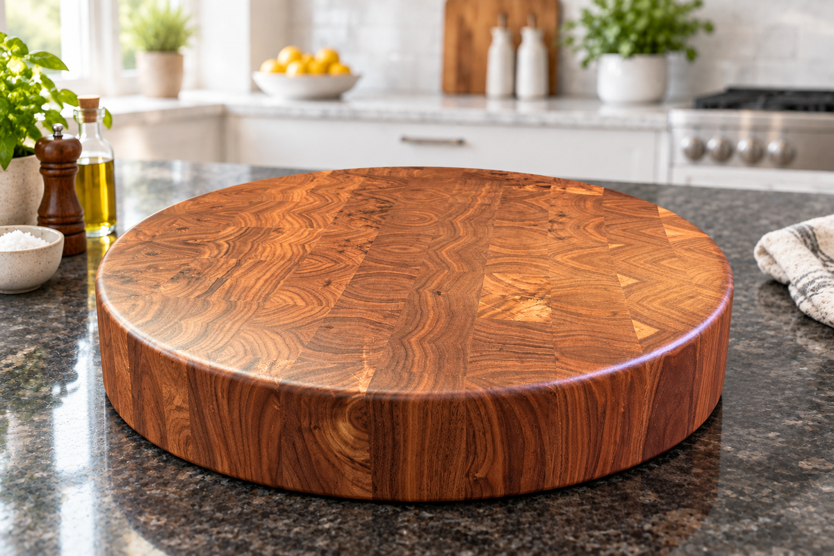 Three-inch round walnut butcher block on dark granite