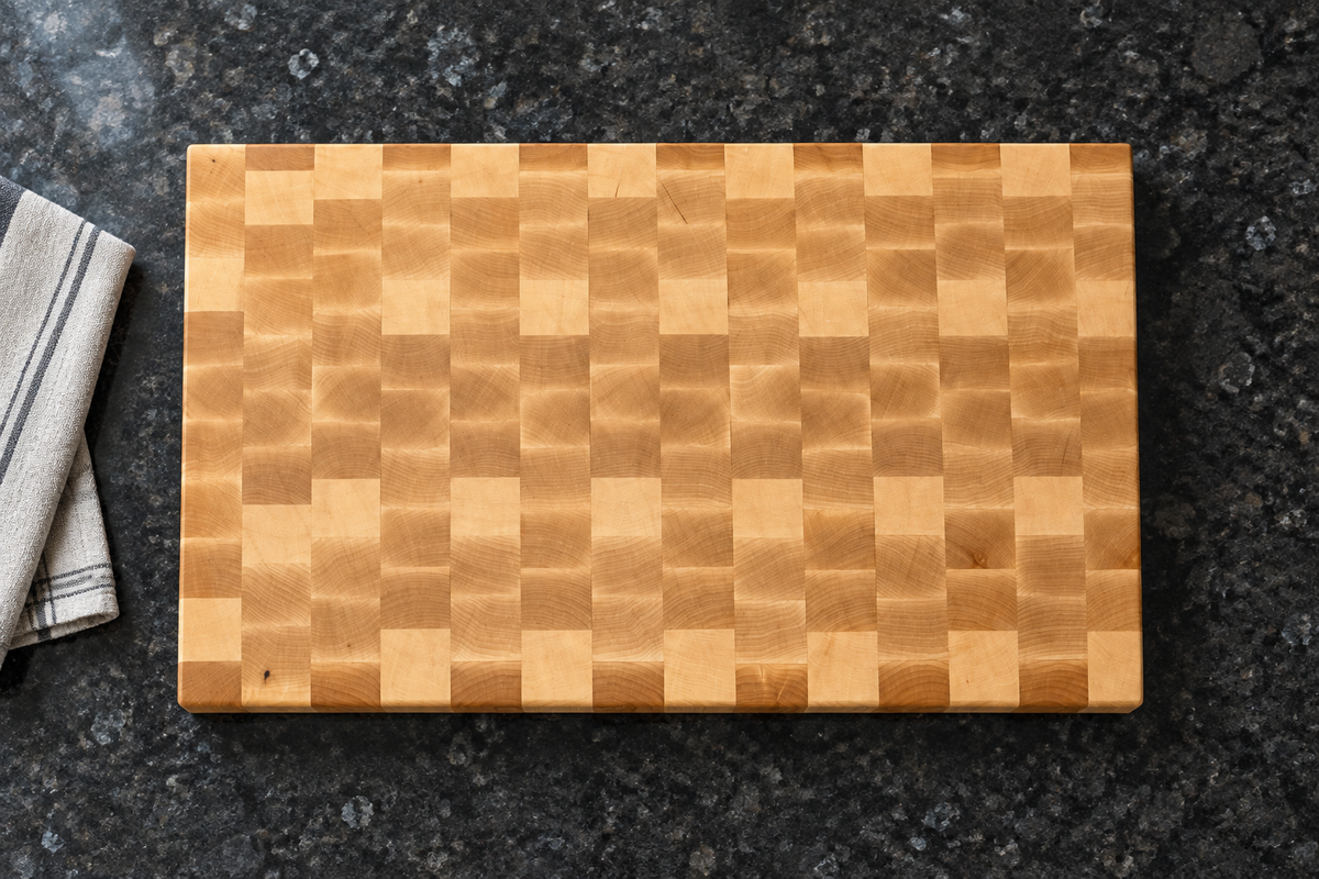 Top-view maple butcher block lifestyle rendering on dark granite