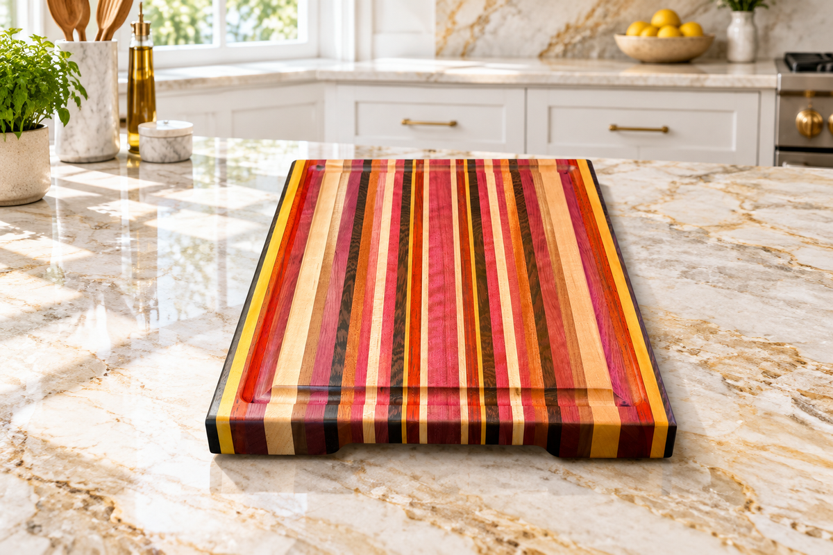 Tropical Hardwood Board Low Angle on Quartzite in Bright Kitchen