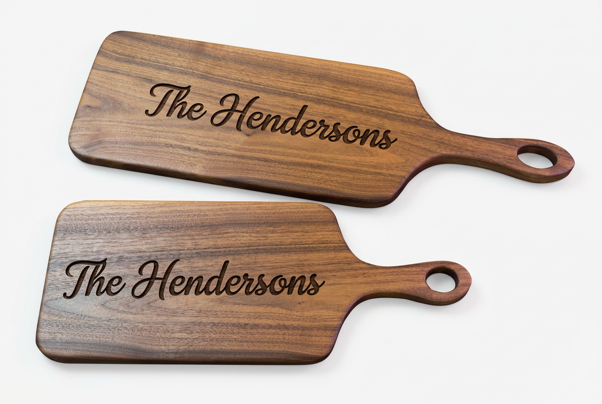 Walnut board pair with large The Hendersons engraving across both serving surfaces