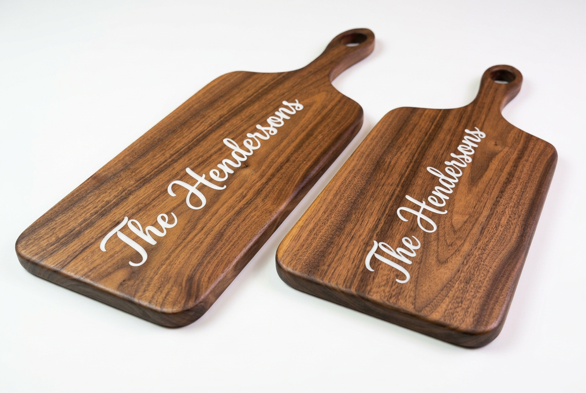 Walnut board pair with large white epoxy-filled The Hendersons lettering across both serving surfaces