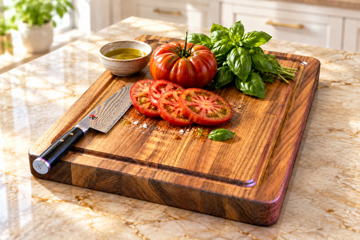 Walnut Edge Grain Juice Groove Board with Miyabi Knife on Quartzite