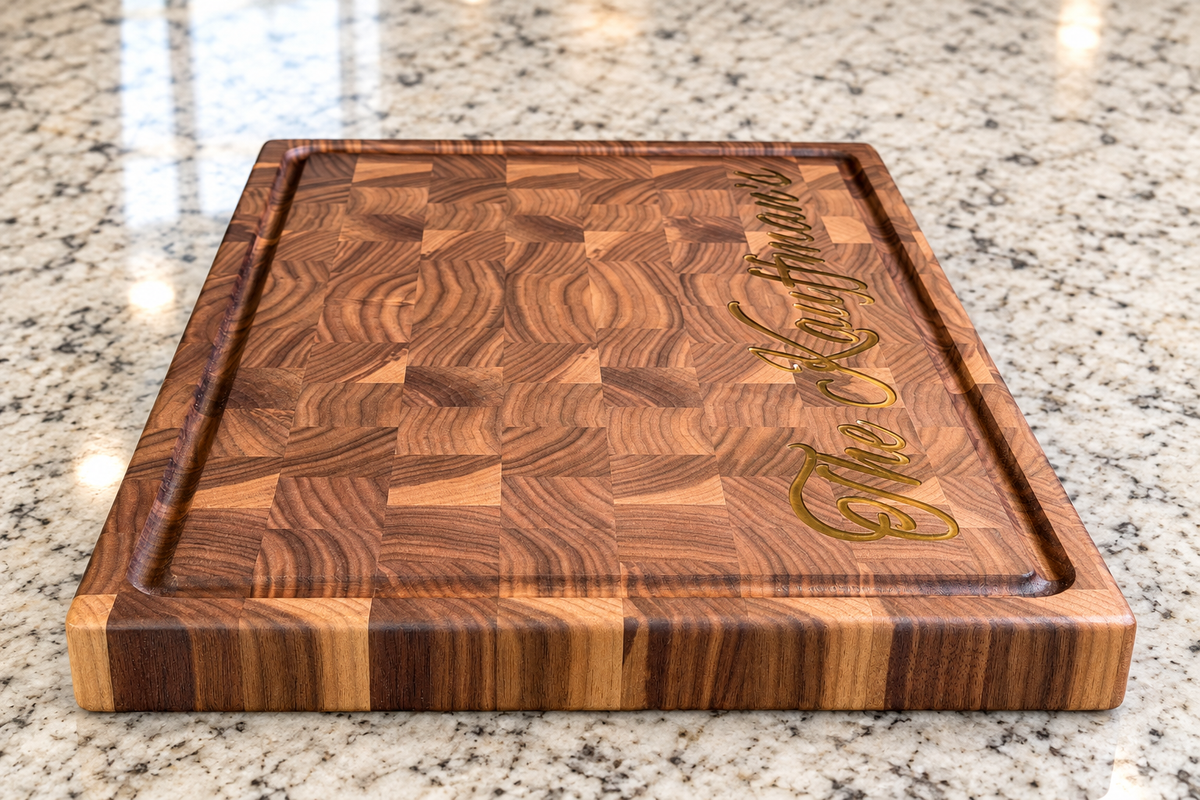 Walnut End Grain Cutting Board with Epoxy Name on Light Granite