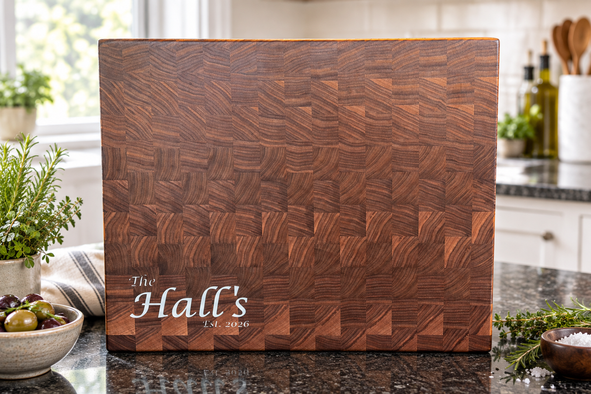 Walnut End Grain Epoxy Board on Dark Granite in Bright Kitchen