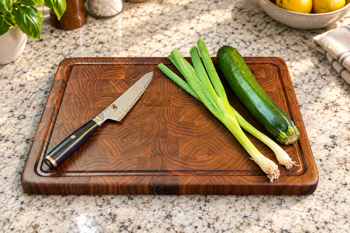 Walnut End Grain Slim Line Cutting Board on Granite