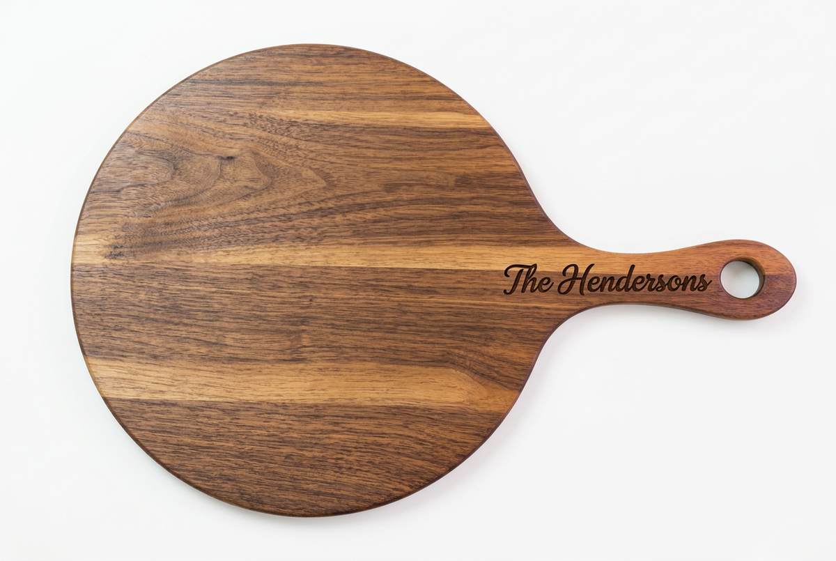 Walnut pizza serving board with The Hendersons engraved on the handle