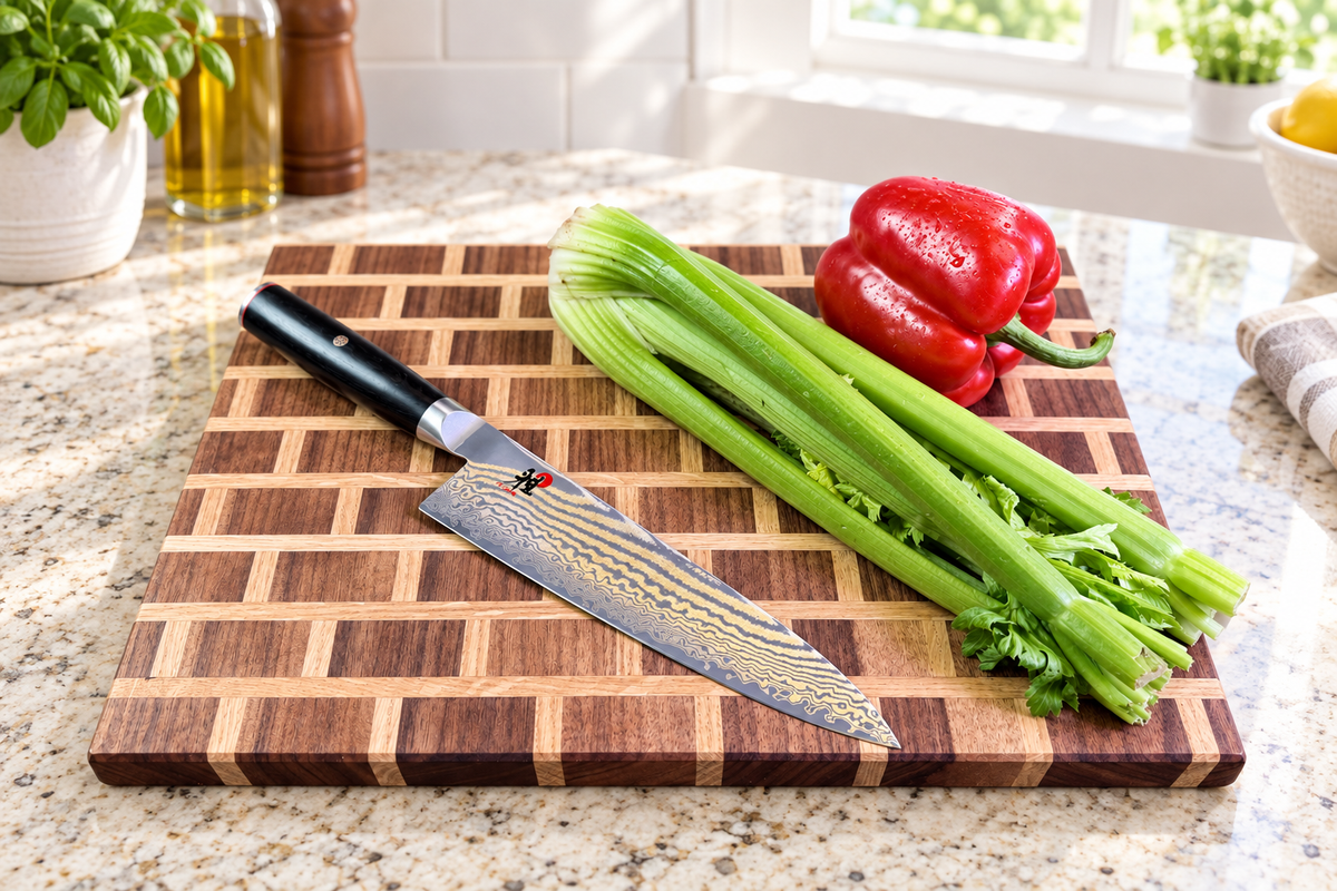 Walnut & White Oak Brick Pattern Cutting Board on Light Granite