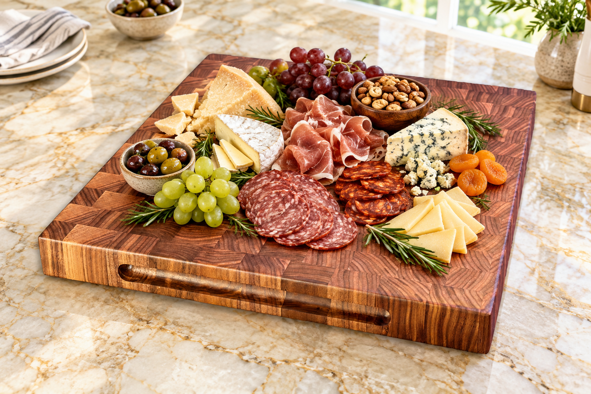 XL Walnut Brisket Board with Charcuterie on Quartzite