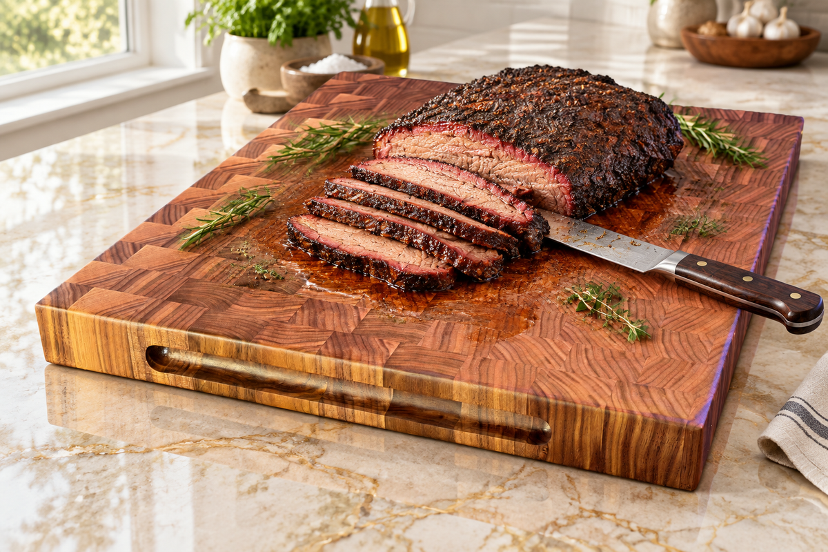 XL Walnut Brisket Board with Smoked Brisket on Quartzite